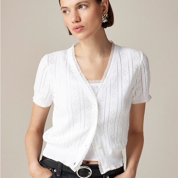 NWT Pointelle short-sleeve V-neck cardigan ultra-fine cotton - Main Image